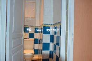 A bathroom with a toilet, a mirror, and blue and white checkered tiles.