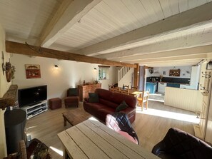 Televisión, chimenea, reproductor de DVD y futbolito 