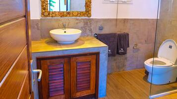 Shower, towels, soap, toilet paper