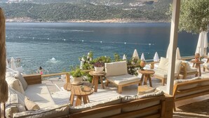 Une terrasse dotée de mobilier en bois, de plantes en pot et offrant une vue sur la mer.
