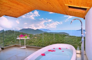 シャワー付き浴槽、ヘアドライヤー、タオル、トイレットペーパー