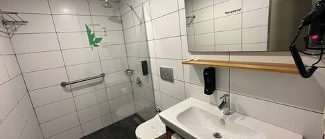 A modern bathroom with a shower, toilet, and sink.