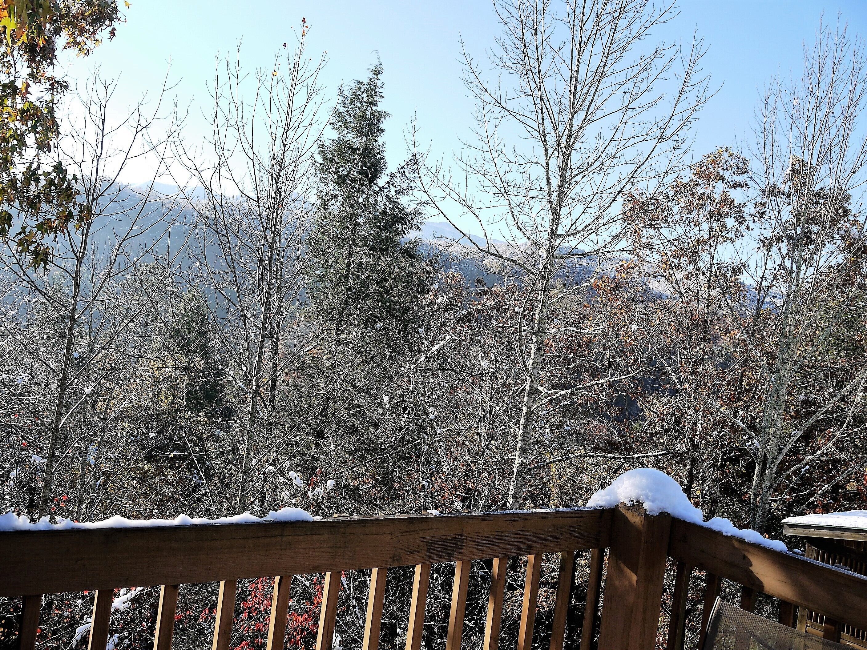 Una terraza de madera con nieve en las barandillas, con vistas a un área boscosa de árboles desnudos y montañas distantes.