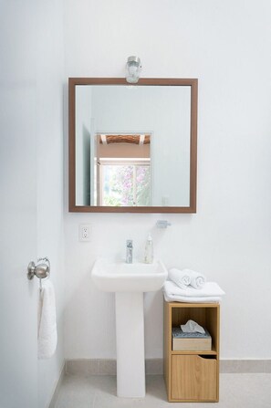 Shower, hair dryer, towels, shampoo