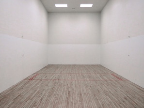 A squash court with white walls and a wooden floor, marked with red lines. - Fantastic Ocean Views, Community Pool, Dogs Welcome, Open Deck, KHSDA5 (Kitty Hawk)