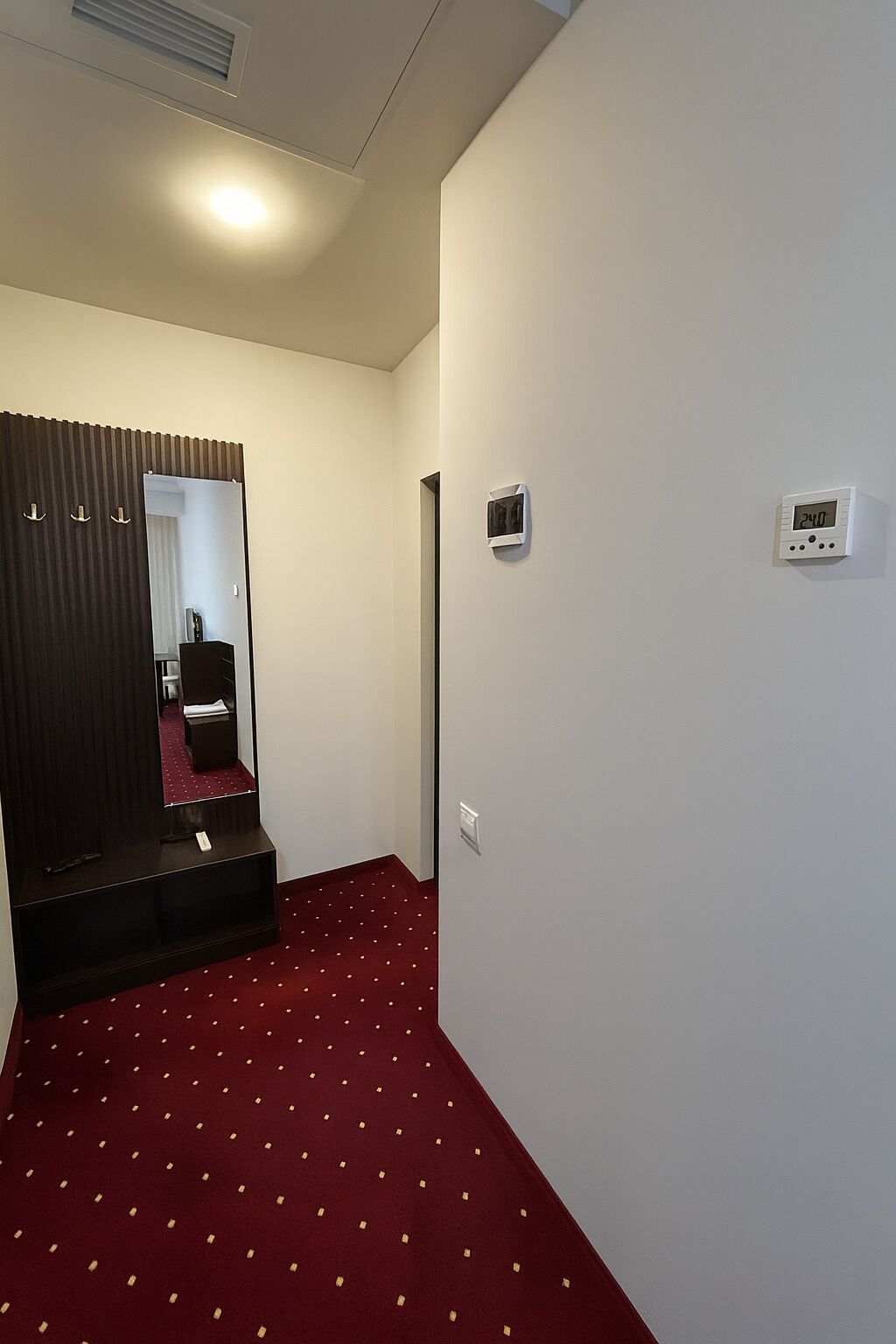A hotel room with a red carpet, a dark-colored wardrobe, a mirror, and a thermostat on the wall.