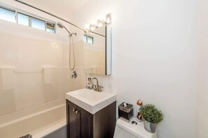 Combined shower/bathtub, hair dryer