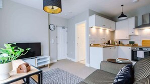 Ein modernes Wohnzimmer mit einem Flachbildfernseher, einem Couchtisch mit Pflanze und einem gemusterten Teppich.