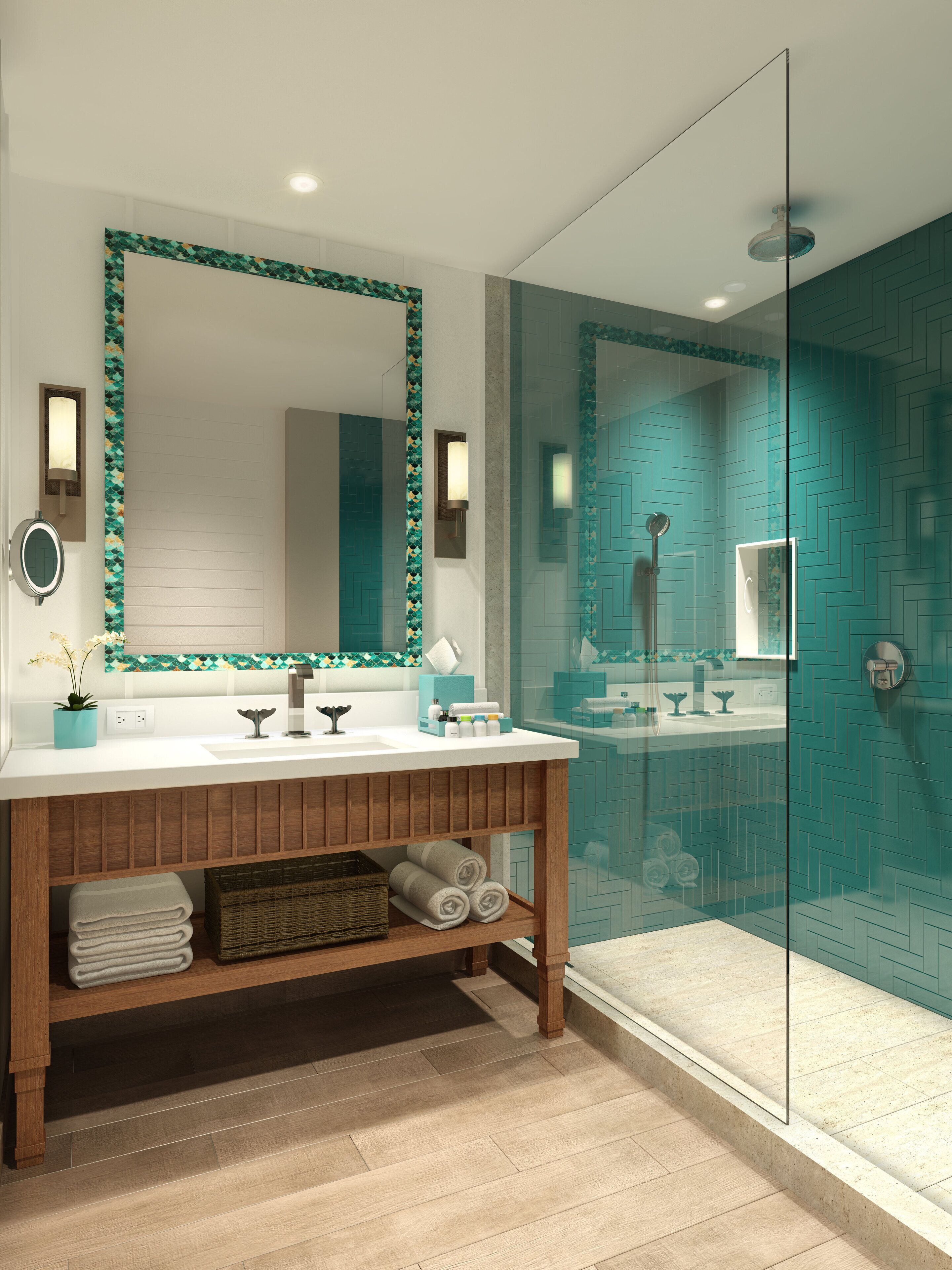 Une salle de bain moderne avec un grand miroir, un meuble-lavabo en bois et une cabine de douche en verre.