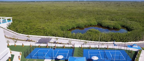 A tennis court complex with multiple courts, surrounded by lush greenery and a body of water.