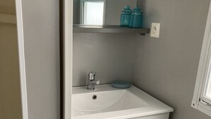 Een badkamer met een witte wastafel, een spiegel en een plank met twee blauwe bakken.