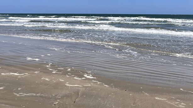 Una playa con olas acercándose a la orilla bajo un cielo azul despejado.