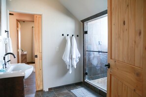 Shower, towels, toilet paper