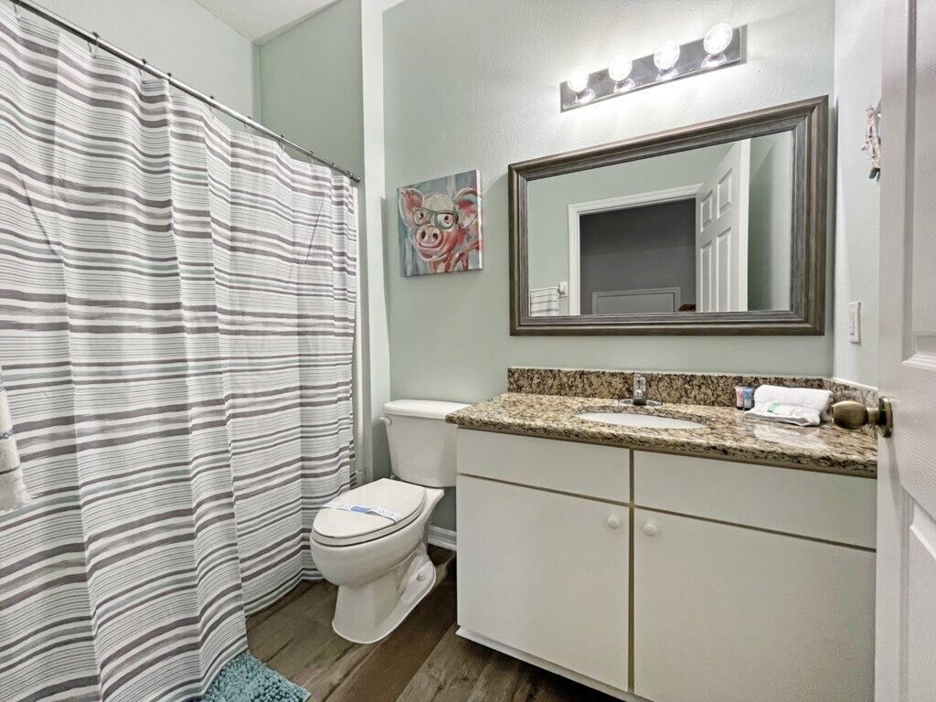 A bathroom with a striped shower curtain, a toilet, a sink with a mirror above it, and a light fixture.