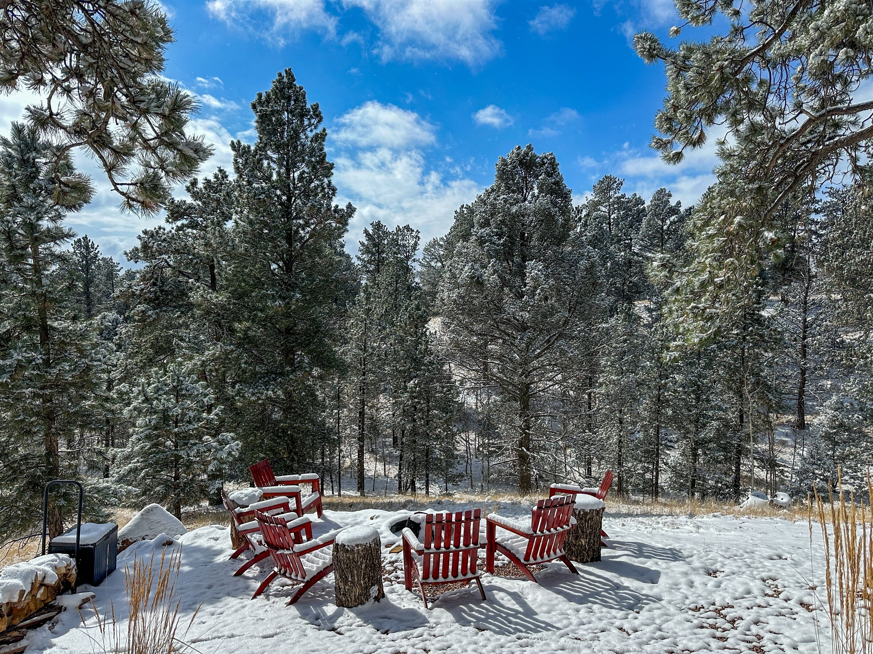 A snowy outdoor seating area with red Adirondack chairs and a fire pit, surrounded by tall evergreen trees.