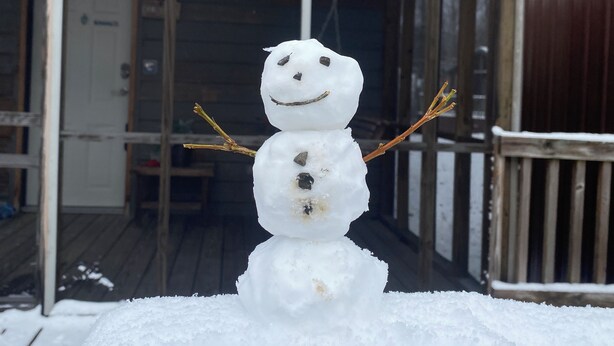 A snowman with a smiley face and stick arms in front of a wooden cabin with a porch. - The Oak Oasis - Gorgeous views and a hot tub (Ansted)