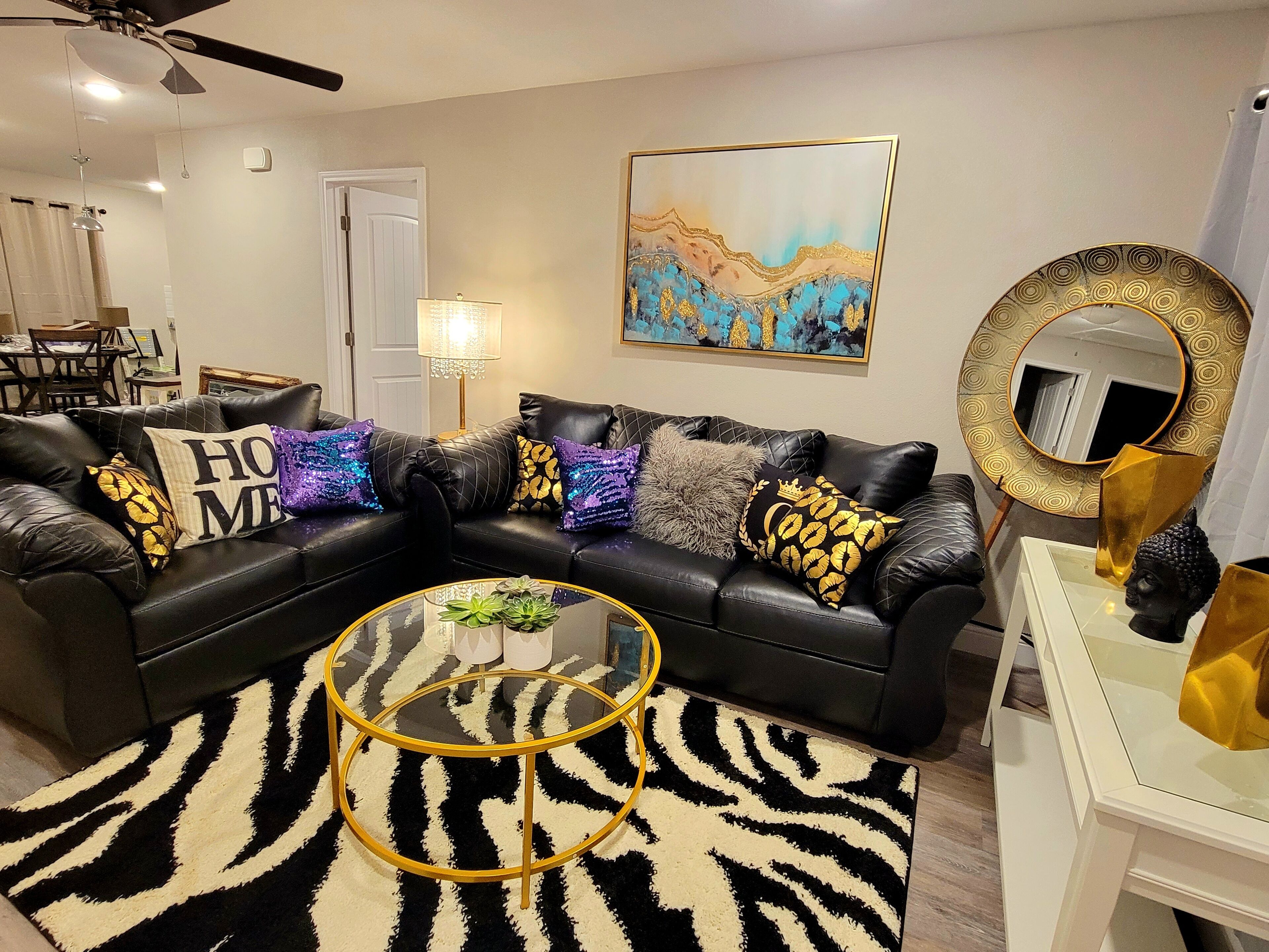 Smart TV, fireplace, books, printers