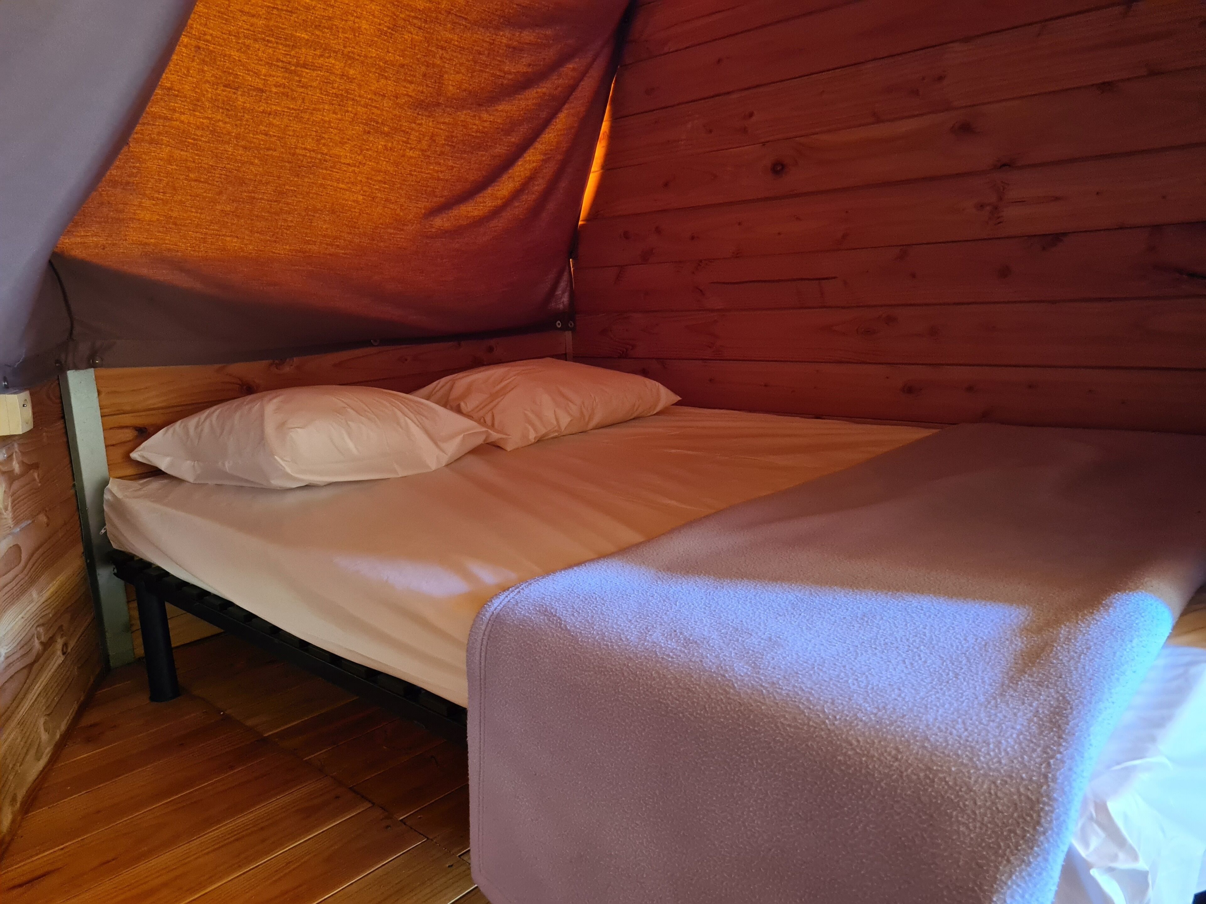 A single bed with white bedding in a wooden cabin-style room.