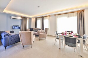 经典公寓 | 起居区 | 32-英寸智能电视 （配备卫星频道）、电视