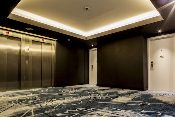 Un área de ascensor moderna con alfombra estampada, una lámpara en el techo y una puerta con el número 205.