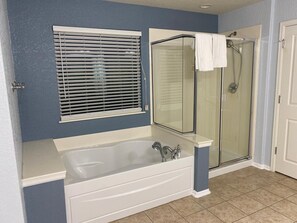 Bañera con ducha, secador de pelo, toallas, jabón