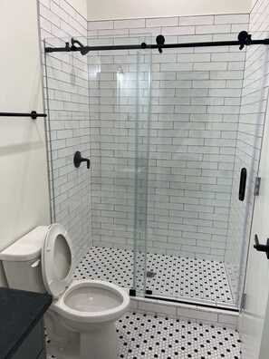 Shower, towels, toilet paper