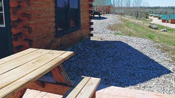 A wooden cabin with a patio area featuring a wooden table and benches. - #29 - Flagpole View Cabins - Deluxe Cabin (Columbia Falls)