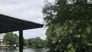 Eine Holzstele führt über einen ruhigen Fluss, umgeben von dichtem Grünwerk und einem Boot in der Ferne.