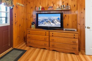 A wooden-paneled room with a flat-screen TV on a wooden cabinet, a bookshelf with books, and a door.