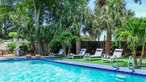 Piscina com água azul cristalina, rodeada por espreguiçadeiras e palmeiras.