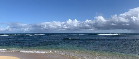 Uma praia com águas azul-claras e uma costa arenosa.