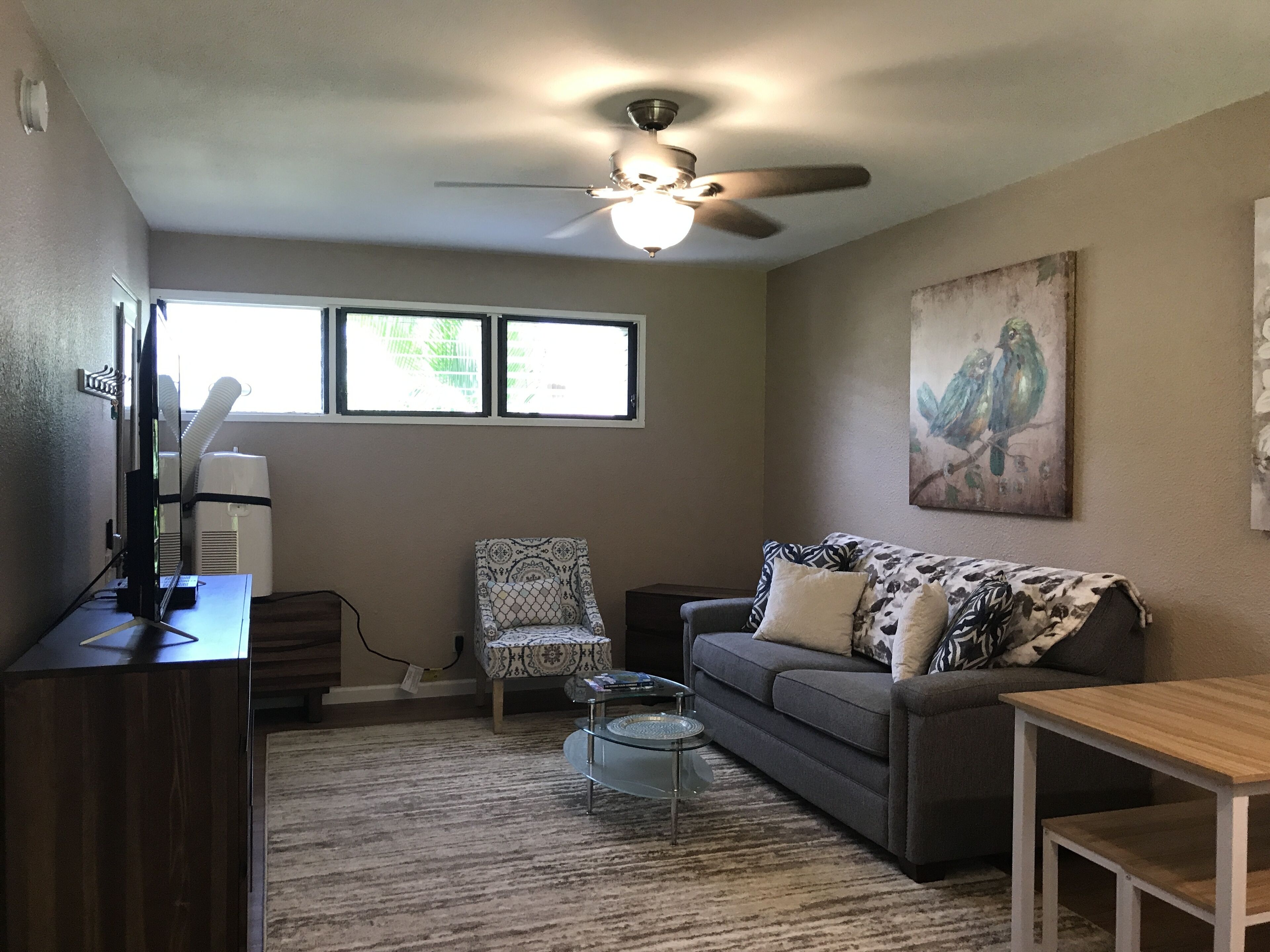 A living room with a ceiling fan, a sofa, a coffee table, and a painting of birds.