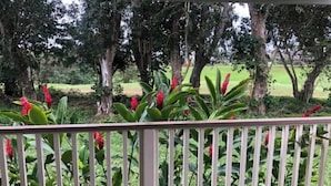 Eine Holzterrasse mit weißer Reling, umgeben von üppiger Vegetation und Bäumen.