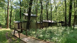 A rustic cabin surrounded by dense forest, with a wooden deck leading to the entrance. - Treetops Cabin in the Woods! (Bloomingdale)