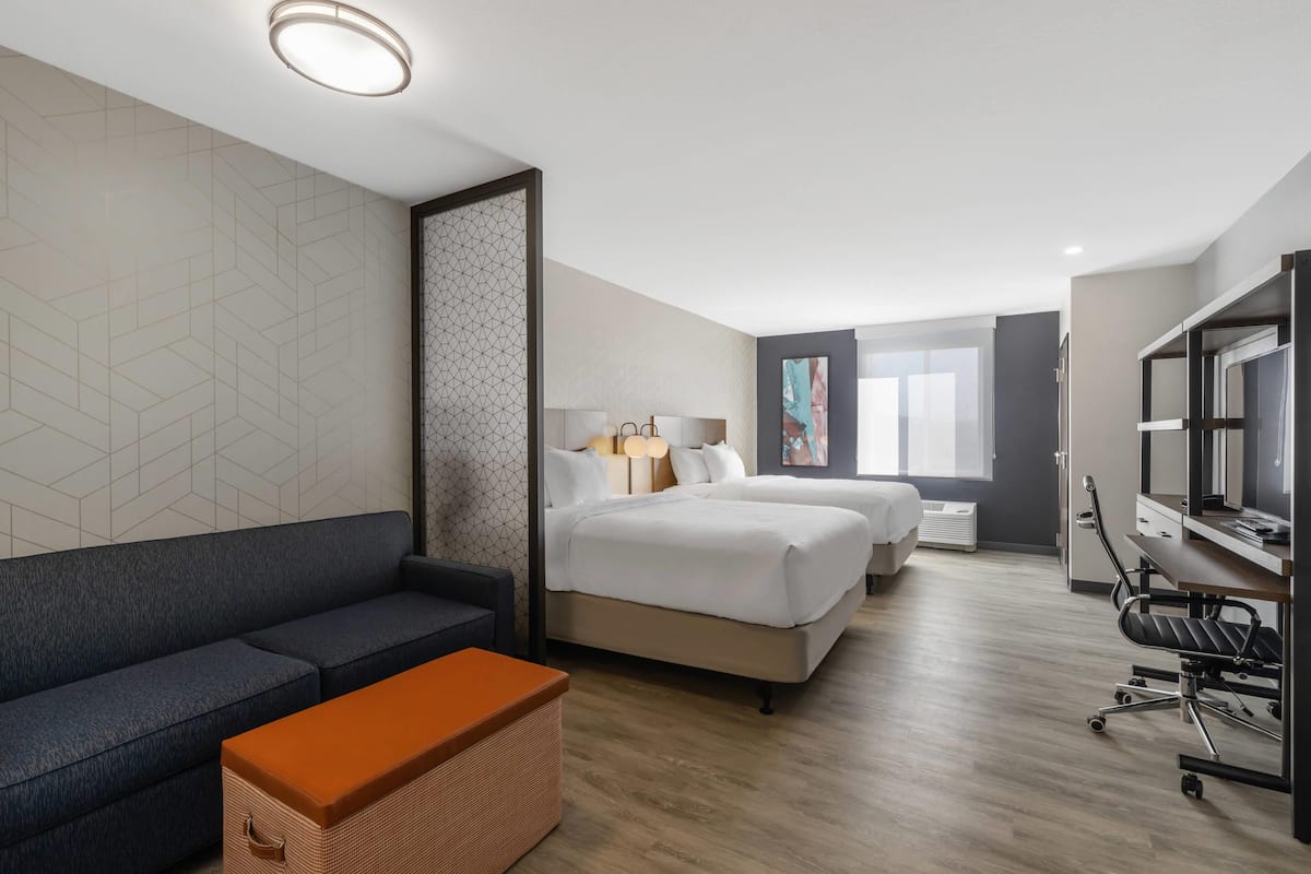 Standard Room, 2 Queen Beds, Non Smoking | Desk, laptop workspace, WiFi (free), bed sheets