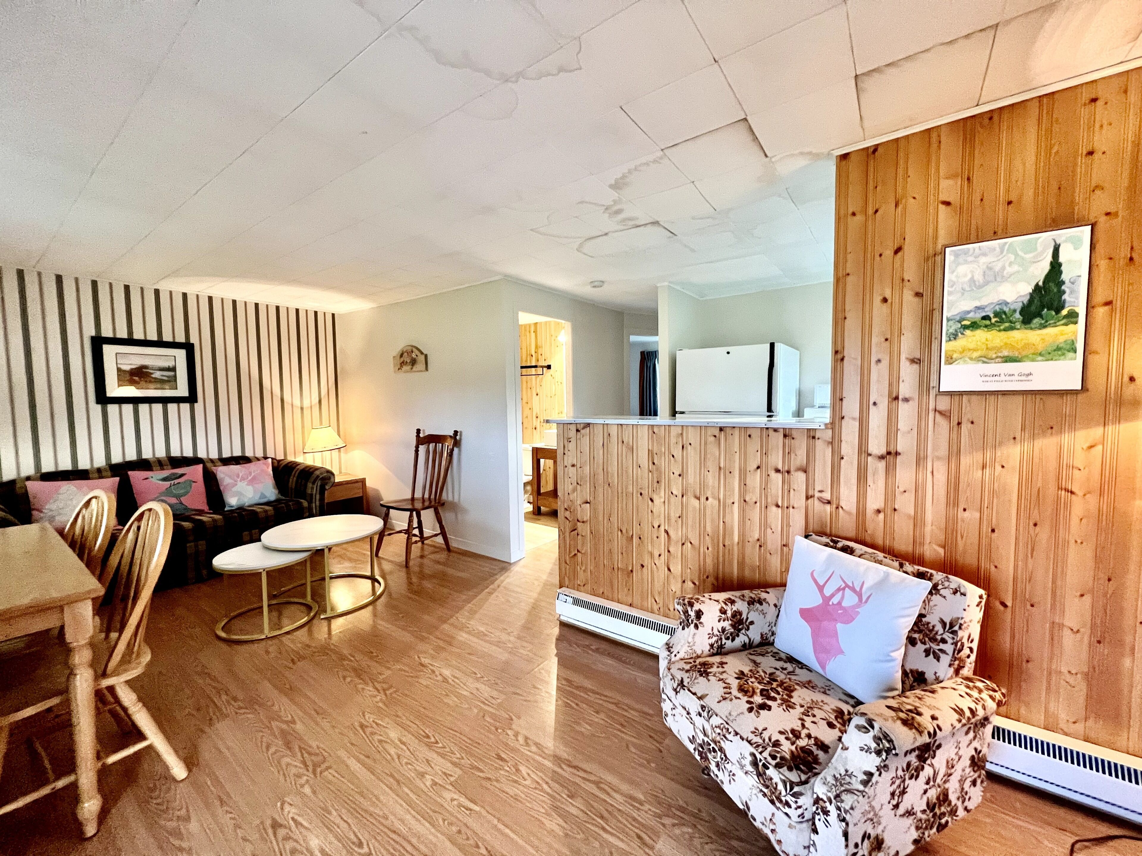 A cozy living room with a wooden wall, a floral sofa, a striped couch, and a dining area with a table and chairs.