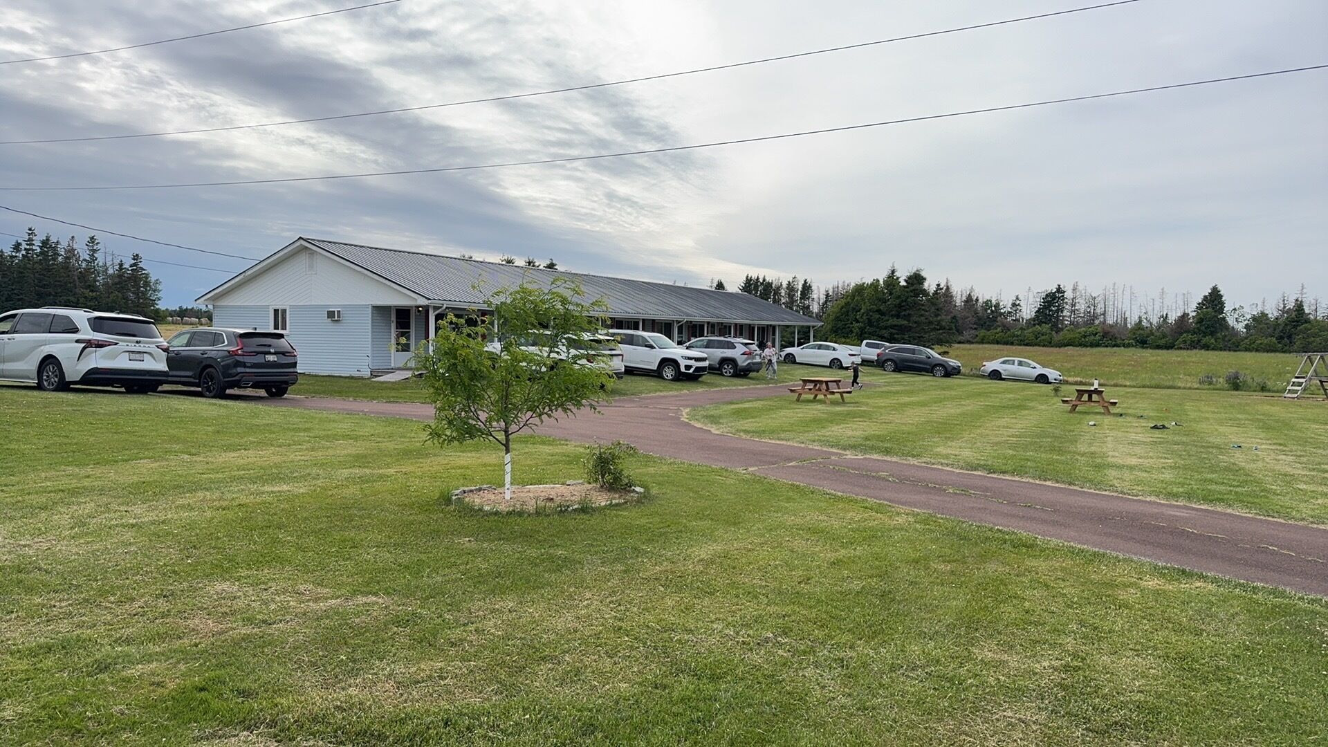 A parking area with several cars, a small building, and picnic tables.