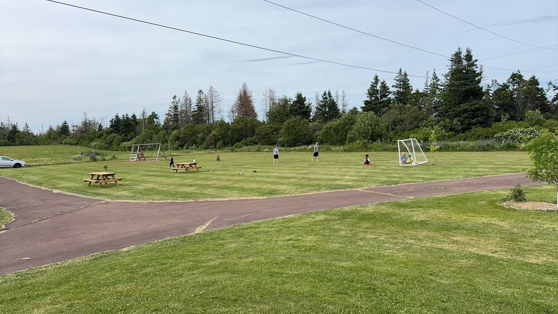 A grassy field with picnic tables, a soccer goal, and a paved path.