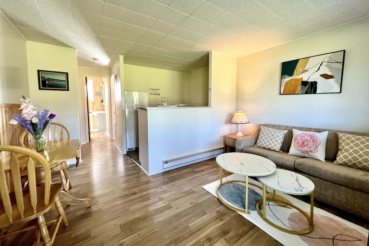 A cozy living room with a wooden floor, a sofa with patterned cushions, a round coffee table, and a dining area with a wooden table and chairs.