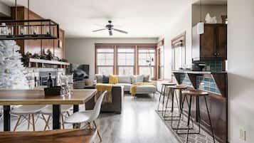 Smart TV, fireplace, video games, DVD player