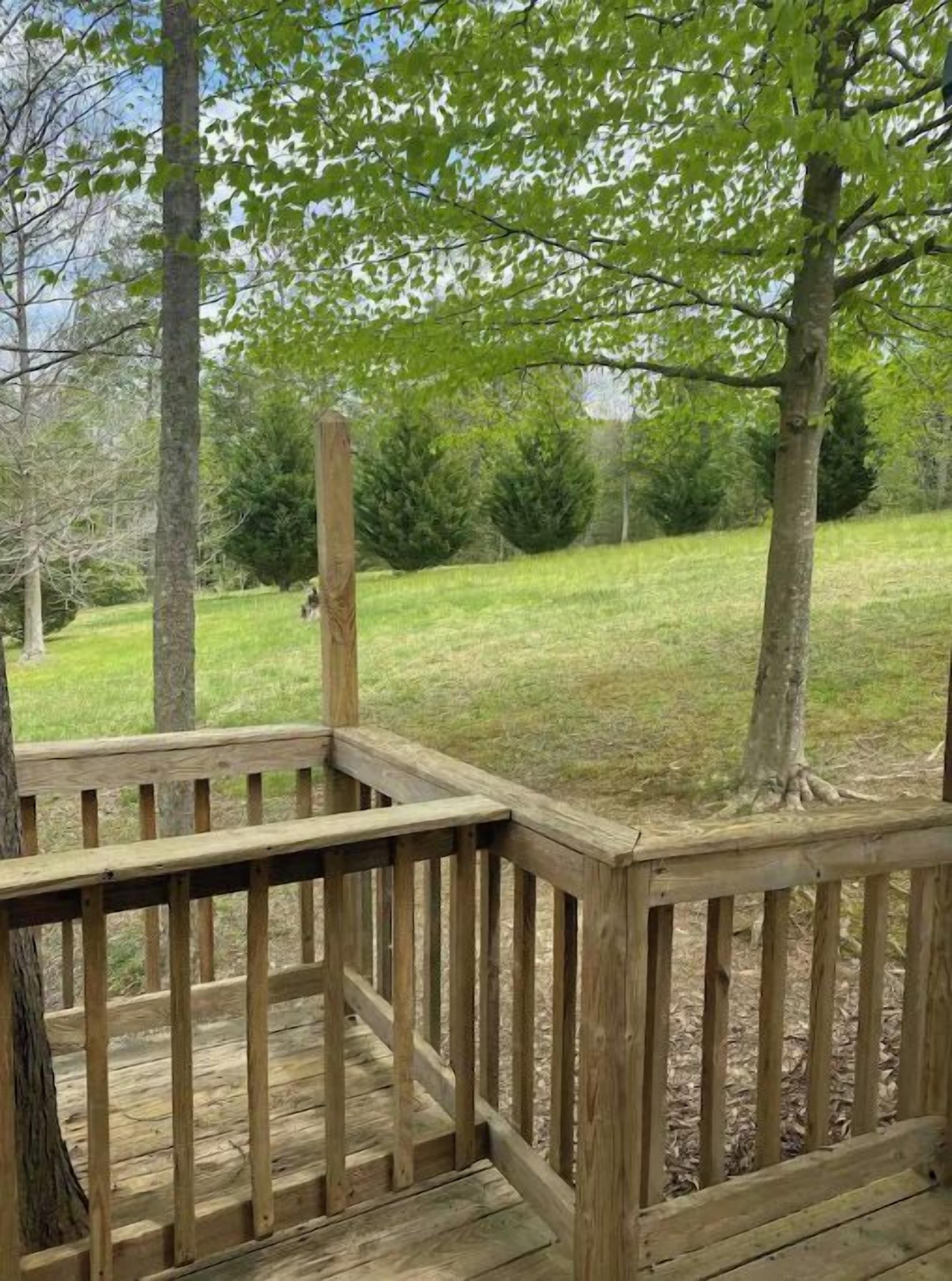 A wooden deck with a railing, surrounded by trees and a grassy field.