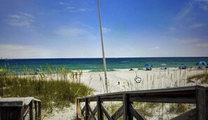 On the beach, sun loungers, beach towels