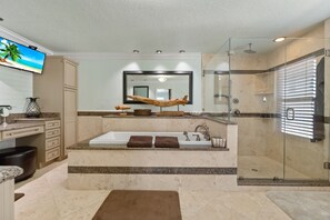Shower, jetted tub, hair dryer, bidet