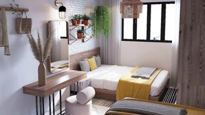 Een moderne slaapkamer met een bed, nachtkastje en een hangplant.