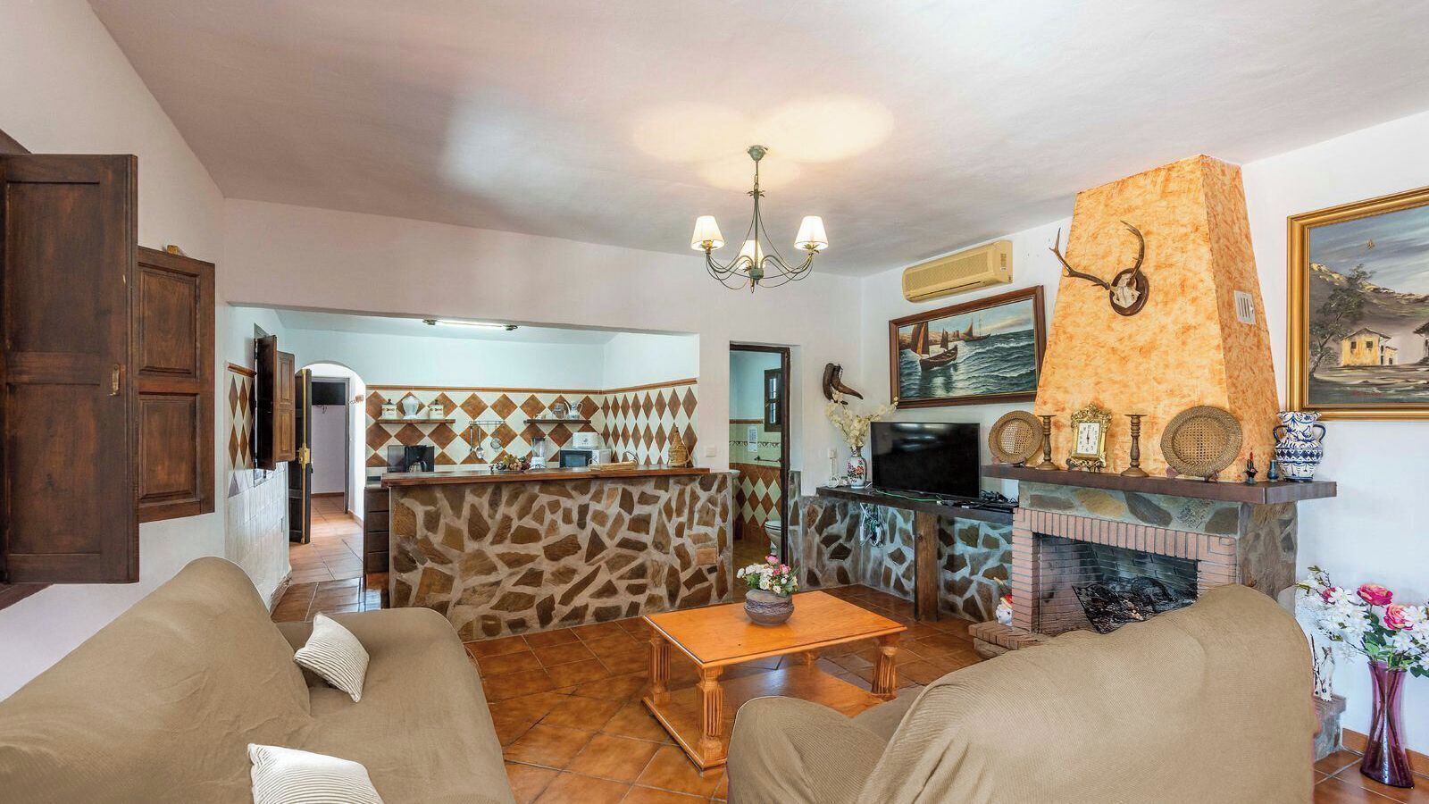 Una televisión, una chimenea, un reproductor de DVD