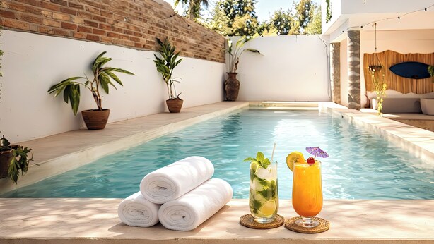 A swimming pool with towels and drinks on the edge. - Spacious 2BR w/ Pool •  Walk to Beach & Town • Quiet area (Sayulita)