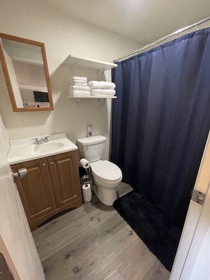 A bathroom with a toilet, sink, and mirror. There are towels stacked on a shelf above the toilet. - 3 Bears Condos (Ruidoso Downs)