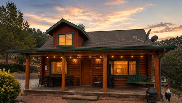 A log cabin with a porch, outdoor seating, and a satellite dish. - Bodfish Ranch/ sleeps 14 / secluded on 3.5 acres (Bodfish)
