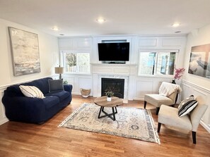 Smart TV, fireplace, DVD player, books