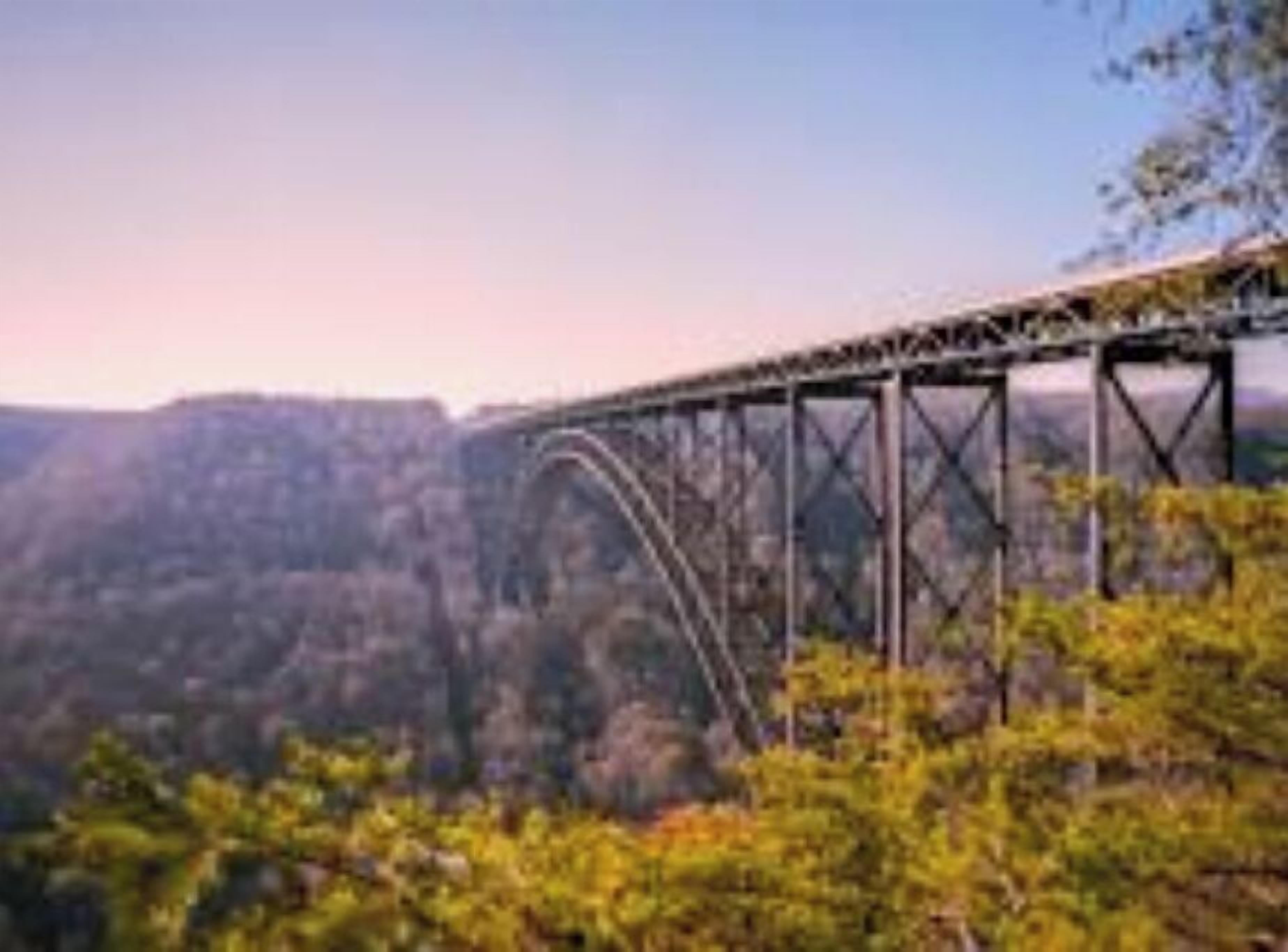 Eine Stahlbrücke überspannt ein Tal, flankiert von dichtem Wald.